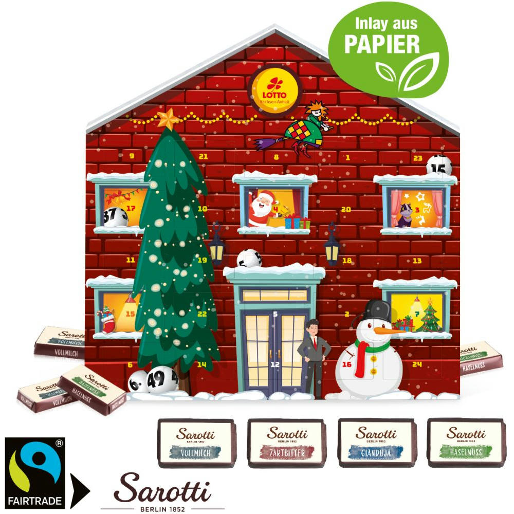 Adventskalender Weihnachtshaus "Exklusiv" mit Sarotti Fairtrade® Schokolade, Inlay aus Papier