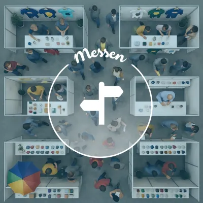 Aerial view of a trade fair with booths, people, and a central logo.